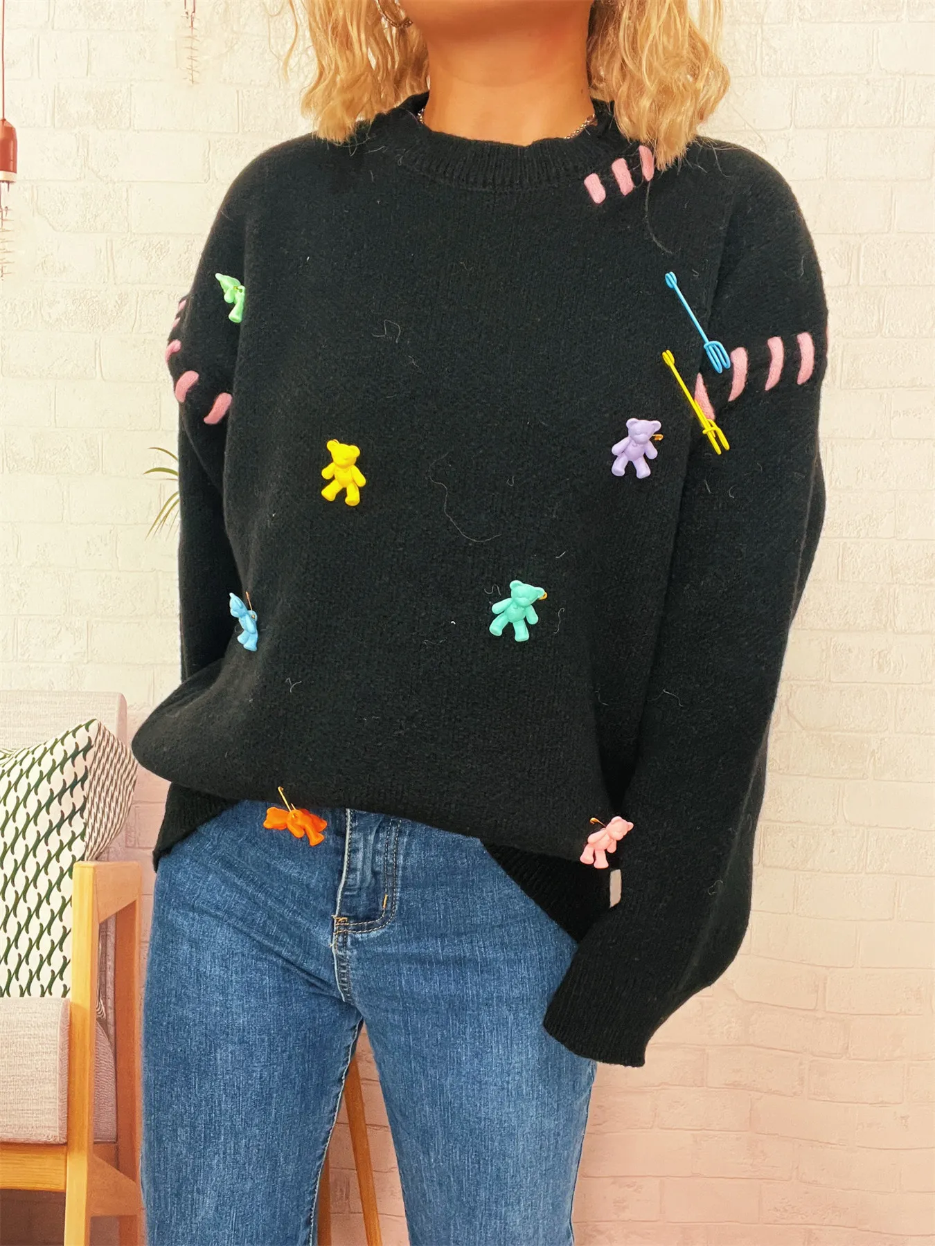 Bear Decoration Round Neck Sweater - Image 9