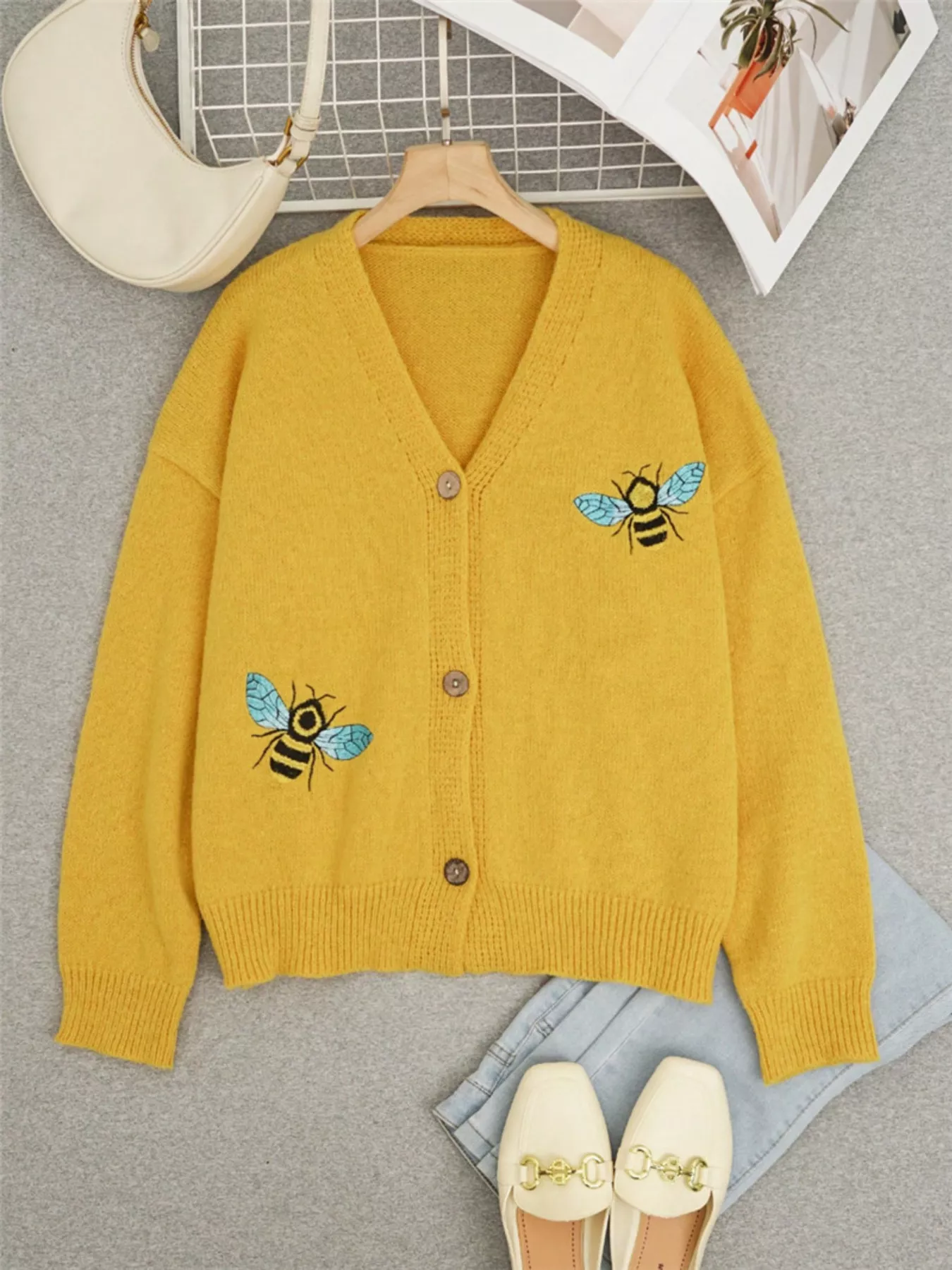 Bee Embroidered Button-Down Cardigan - Image 2