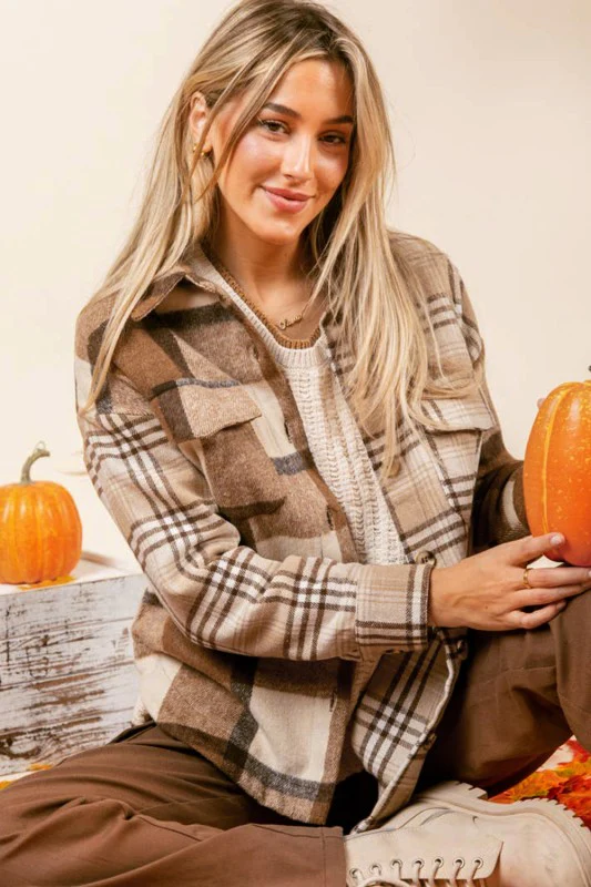 Beige Flannel Plaid Double Flap Pocket Shacket - Image 6