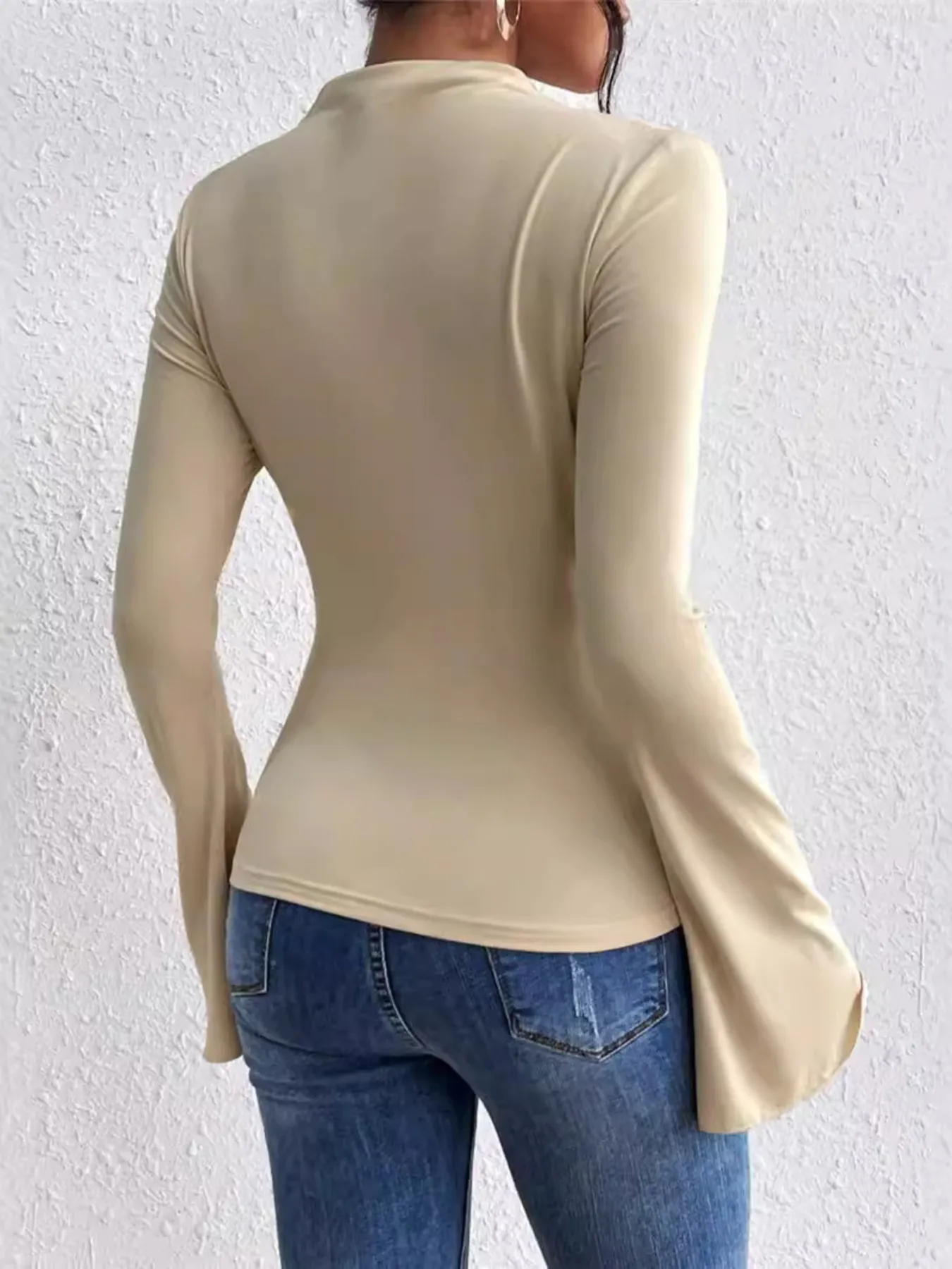 Bell Sleeve Ruched Fitted T-Shirt with Mock Neck - Image 2