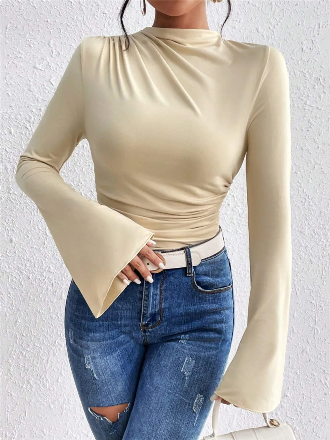 Bell Sleeve Ruched Fitted T-Shirt with Mock Neck - Image 3