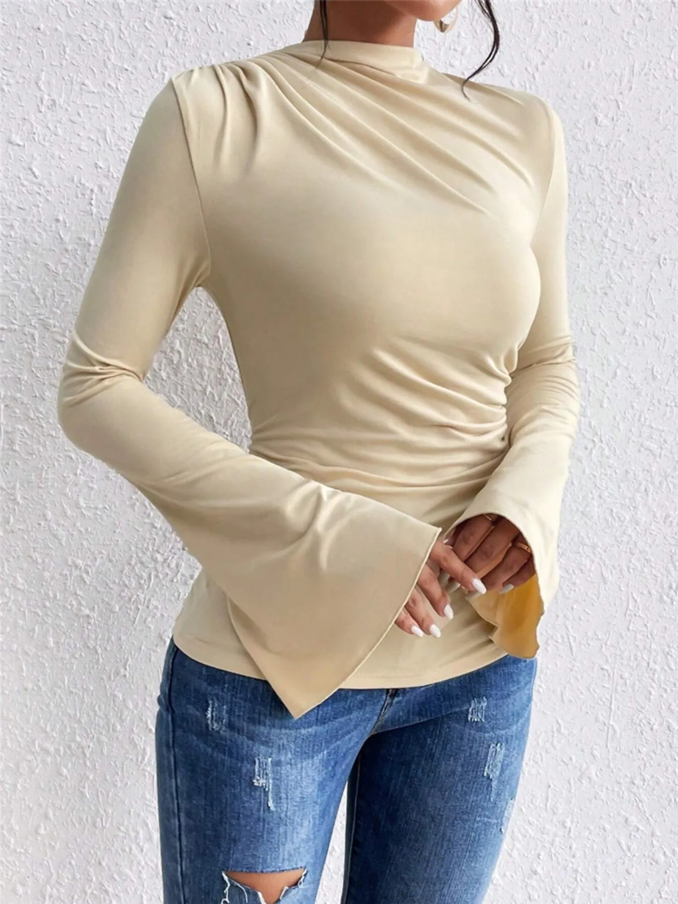 Bell Sleeve Ruched Fitted T-Shirt with Mock Neck - Image 4