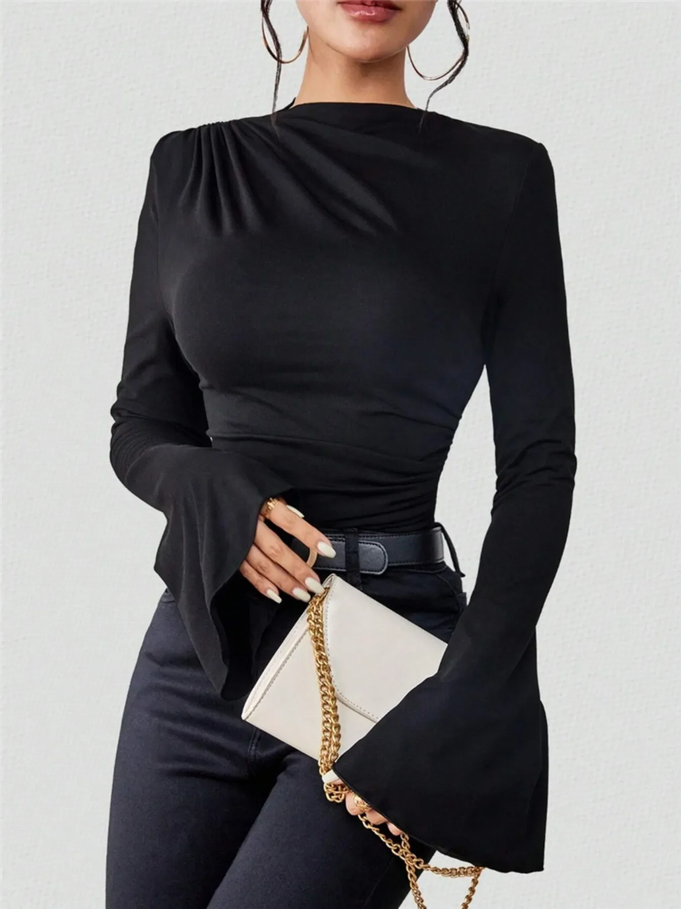 Bell Sleeve Ruched Fitted T-Shirt with Mock Neck - Image 6