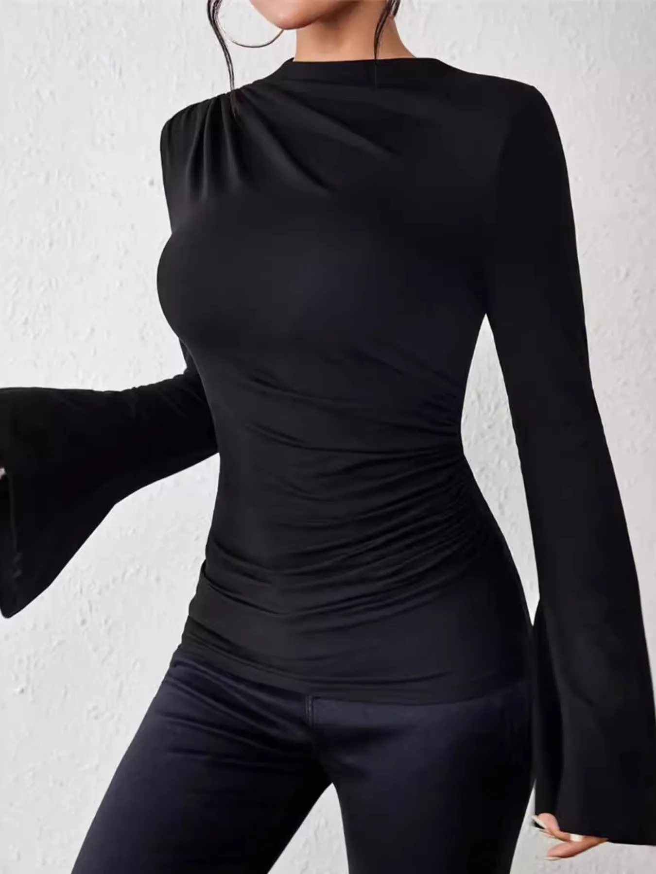 Bell Sleeve Ruched Fitted T-Shirt with Mock Neck - Image 7