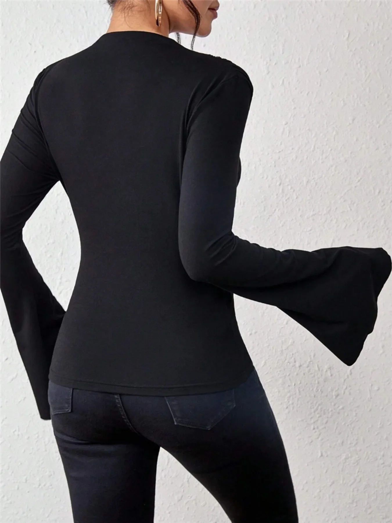 Bell Sleeve Ruched Fitted T-Shirt with Mock Neck - Image 8
