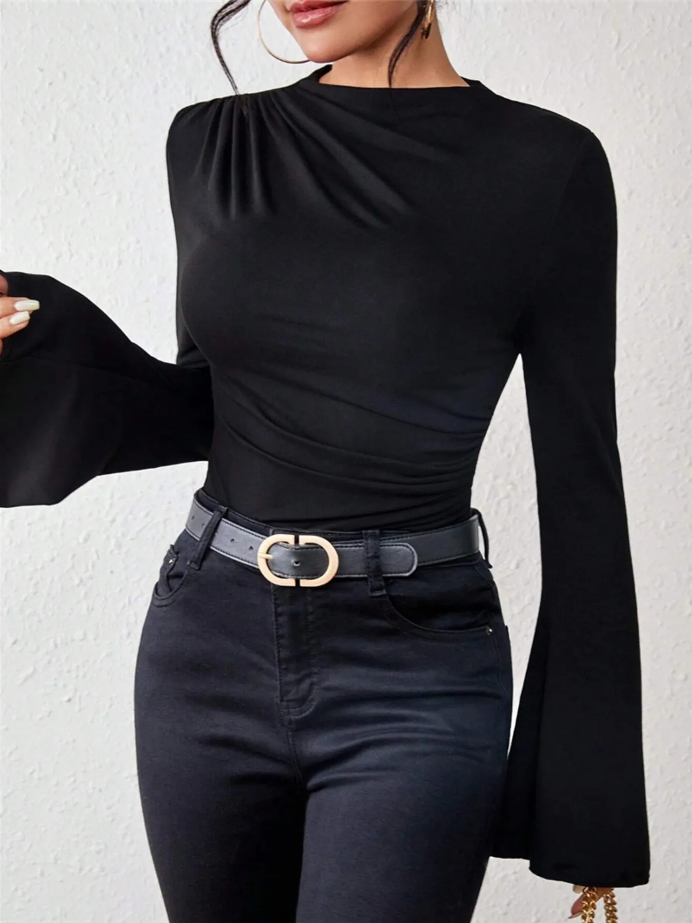 Bell Sleeve Ruched Fitted T-Shirt with Mock Neck - Image 9