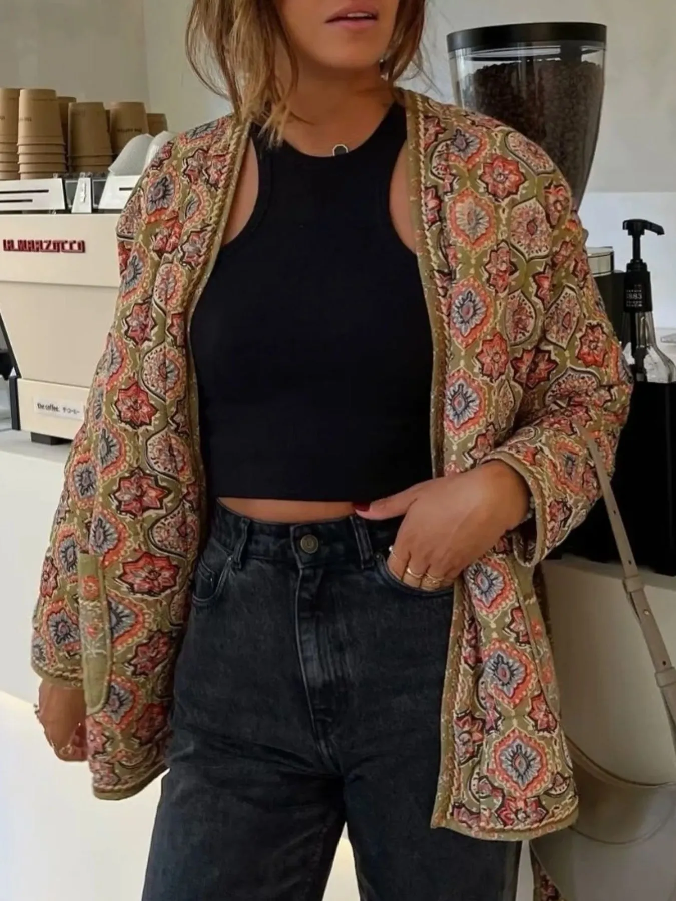 Belted Open Front Floral Winter Coat - Image 2