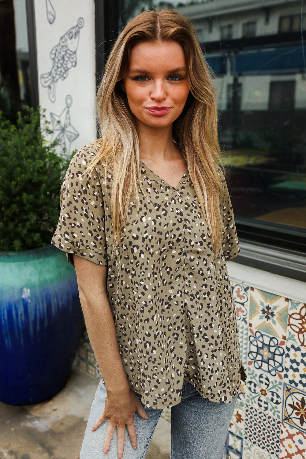 Best In Bold Sage Animal Print V Neck Dolman Side Slit Top - Image 5