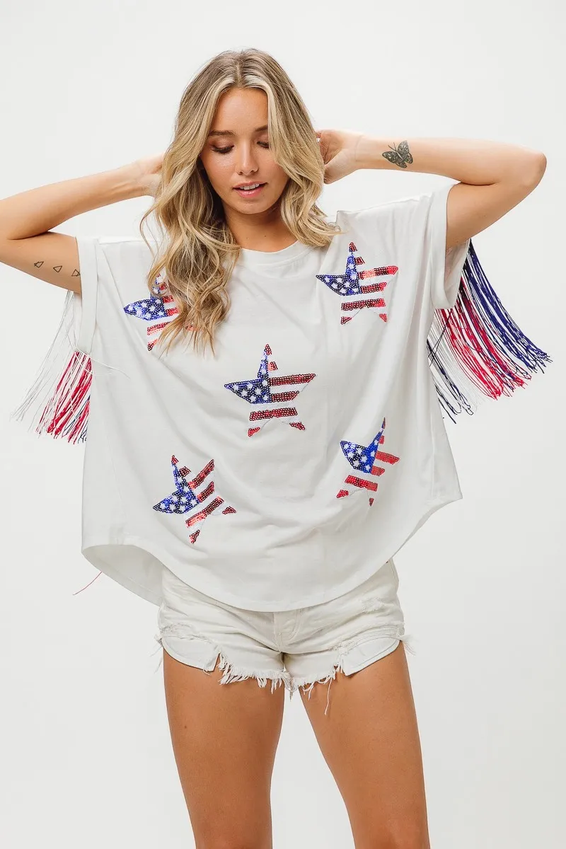 BiBi American Flag Sequin Star Fringe Top - Image 10