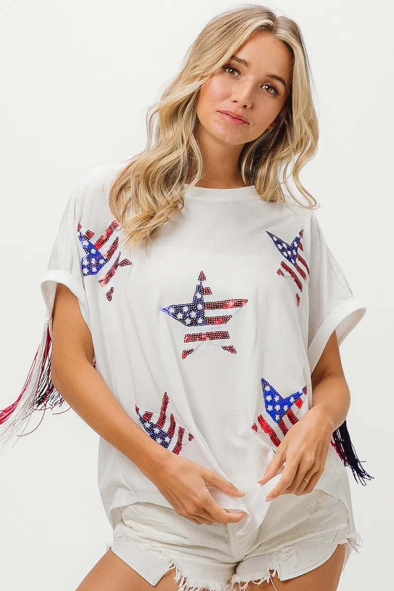 BiBi American Flag Sequin Star Fringe Top - Image 11
