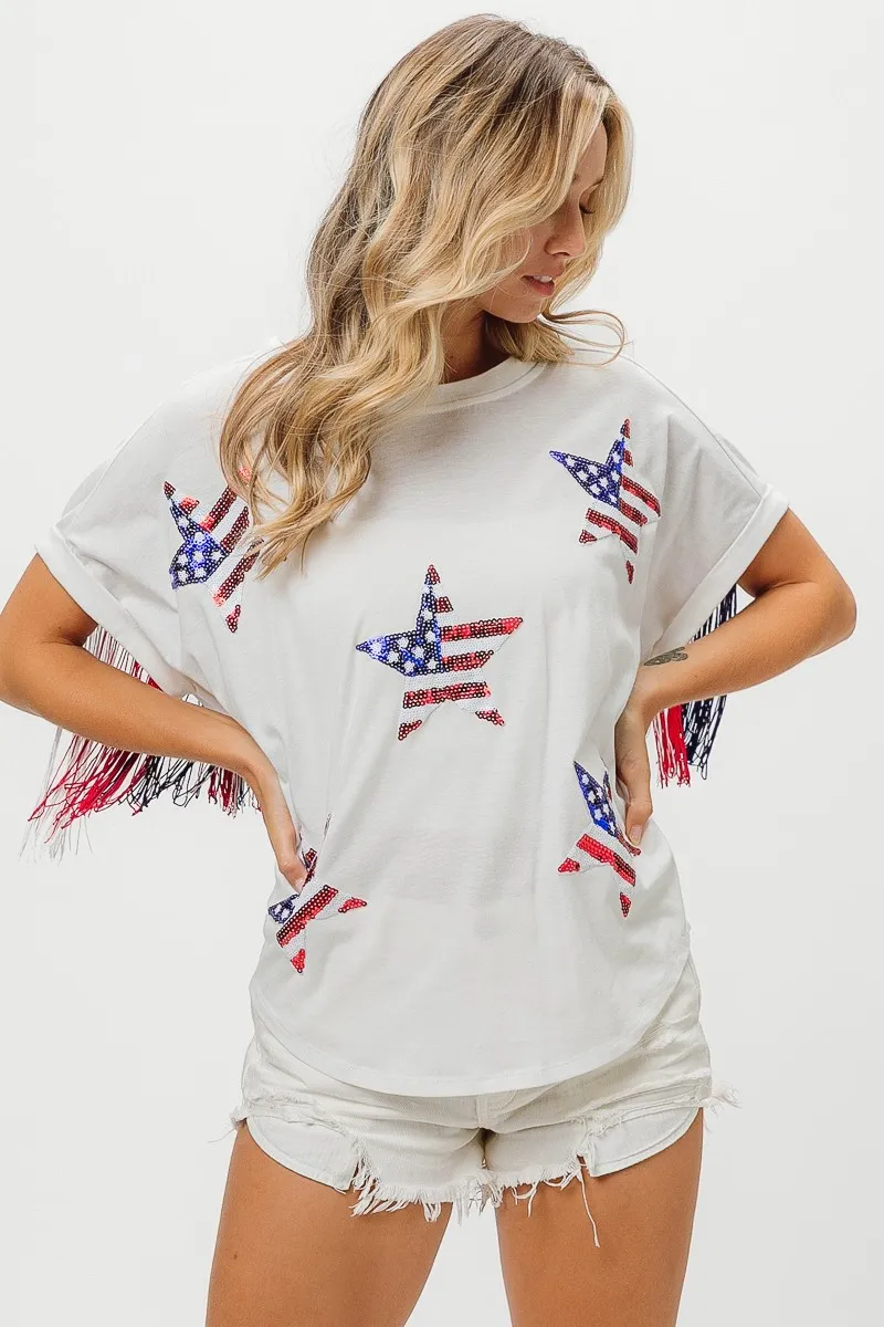 BiBi American Flag Sequin Star Fringe Top - Image 12