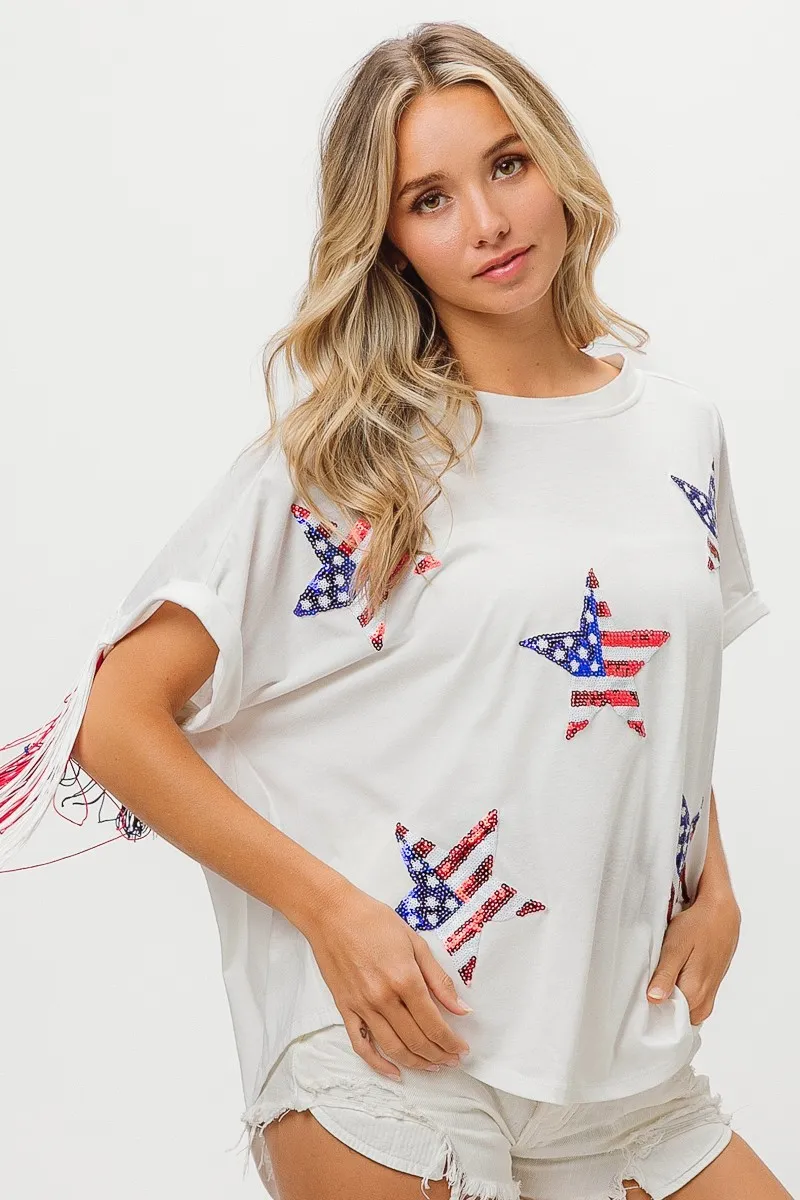 BiBi American Flag Sequin Star Fringe Top - Image 16