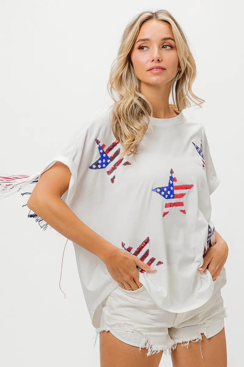 BiBi American Flag Sequin Star Fringe Top - Image 2