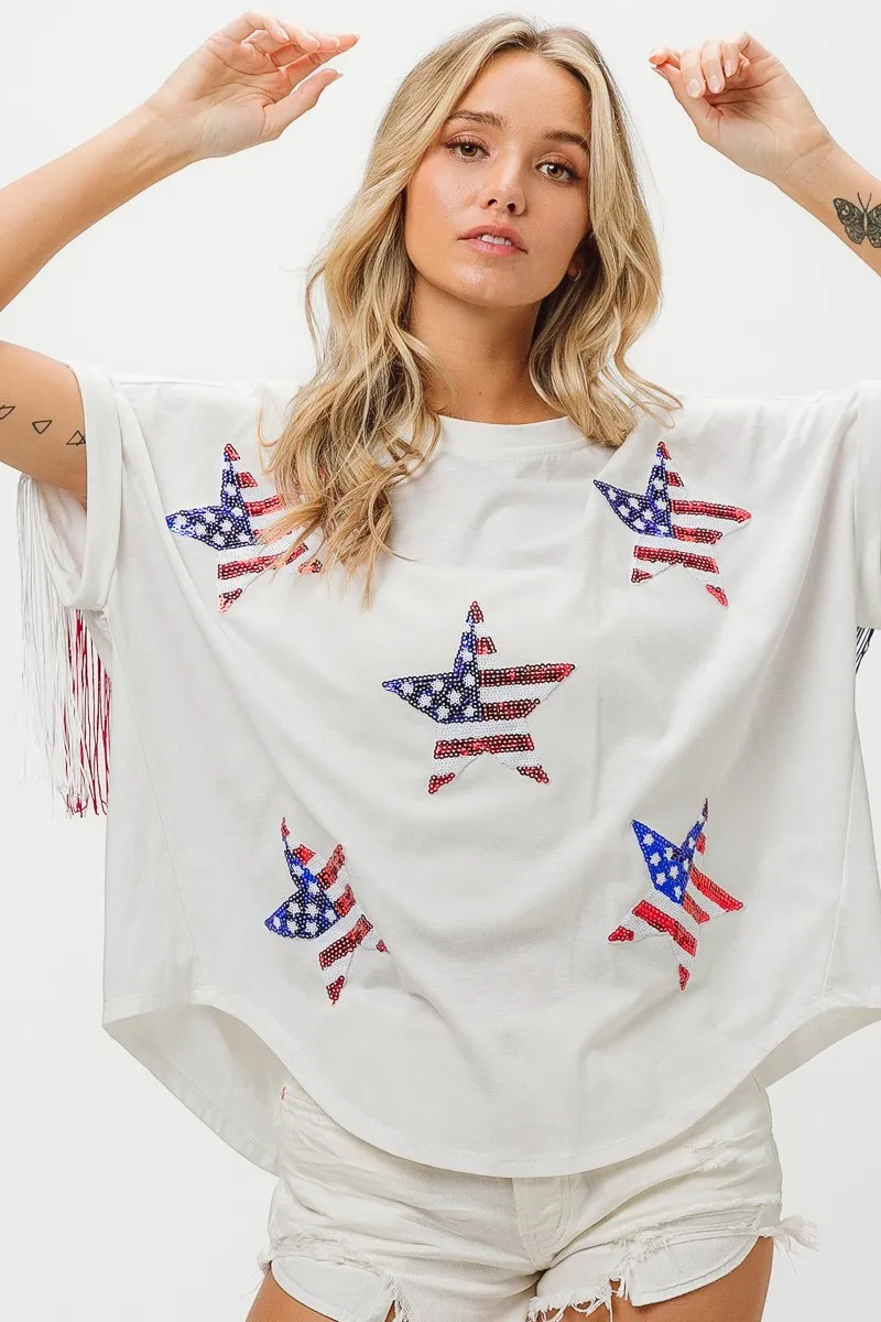 BiBi American Flag Sequin Star Fringe Top - Image 3