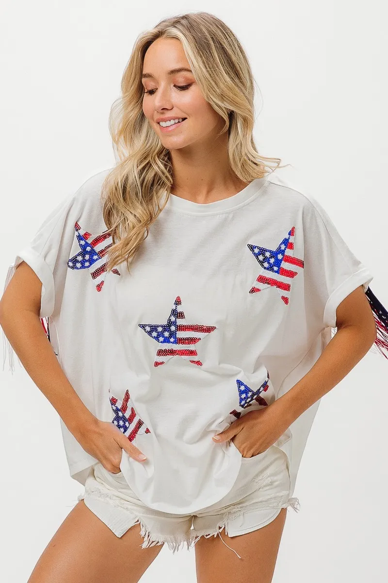 BiBi American Flag Sequin Star Fringe Top - Image 5