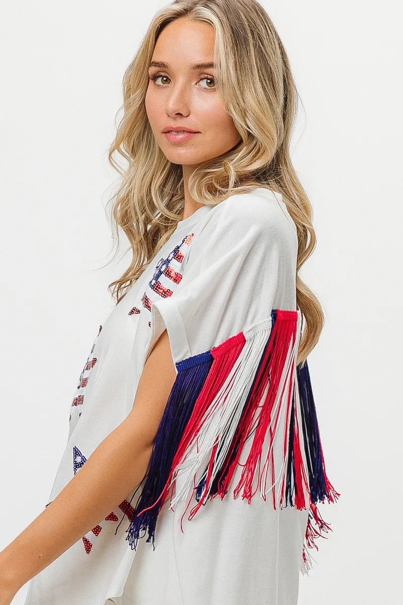 BiBi American Flag Sequin Star Fringe Top - Image 6