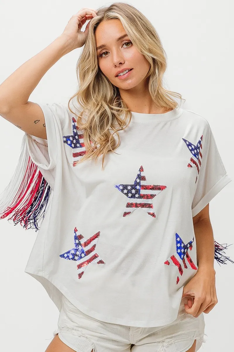 BiBi American Flag Sequin Star Fringe Top - Image 8