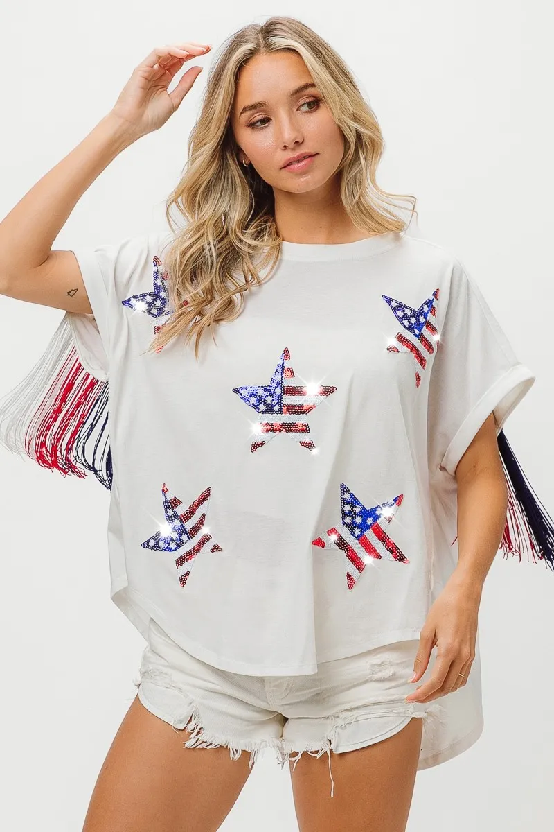 BiBi American Flag Sequin Star Fringe Top - Image 9