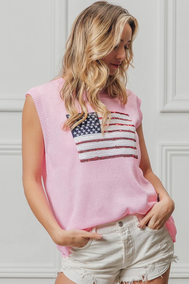 BiBi American Flag Sequins Patch Knit Top - Image 12