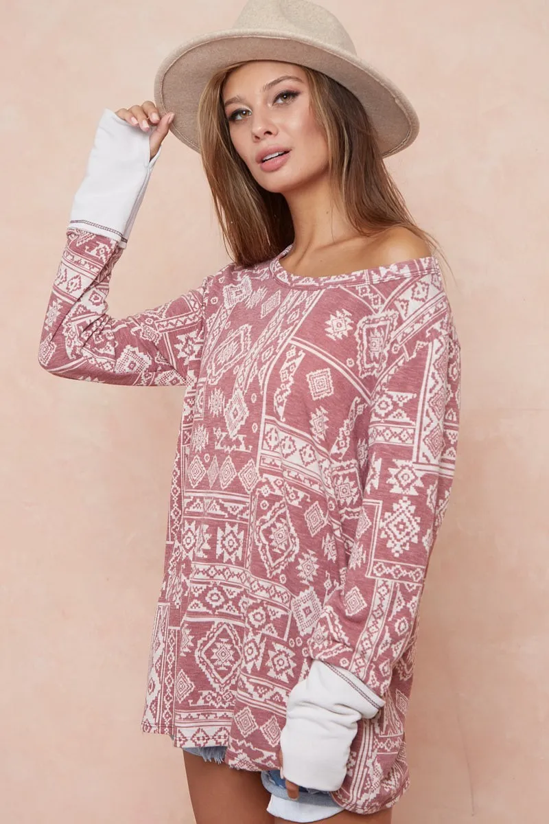 BiBi Aztec Print French Terry Top with Thumb Opening - Image 4