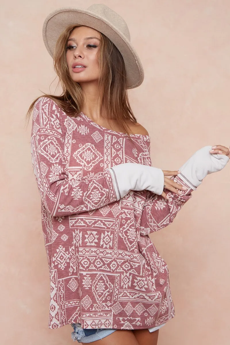 BiBi Aztec Print French Terry Top with Thumb Opening - Image 5