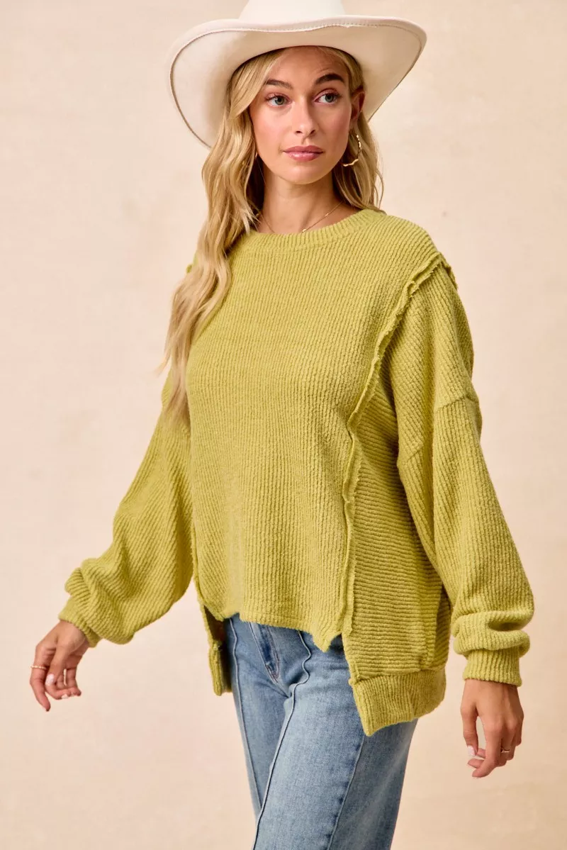 BiBi Boucle Rib Knit Uneven Hem Sweater With Open Seam - Image 11