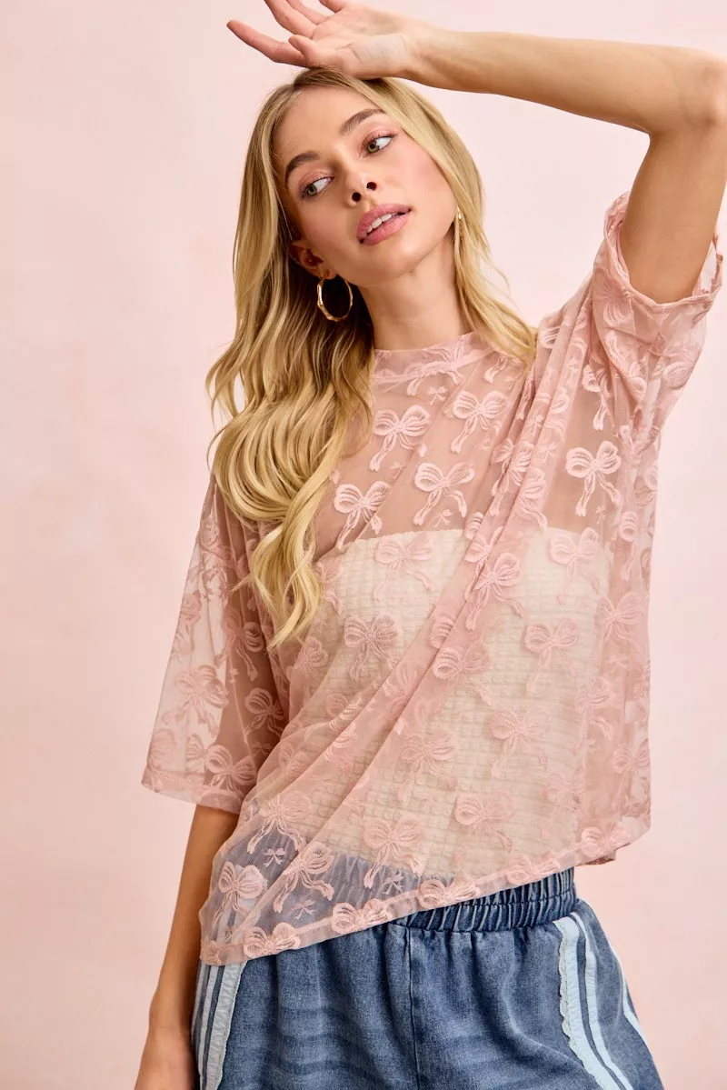 BiBi Bow Pattern Short Sleeves Boxy Mesh Top - Image 14