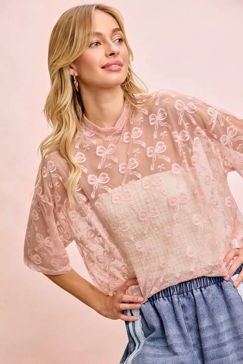 BiBi Bow Pattern Short Sleeves Boxy Mesh Top - Image 6