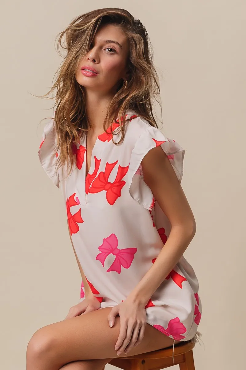 BiBi Bow Printed Woven Ruffled Sleeves V Neck Top - Image 13