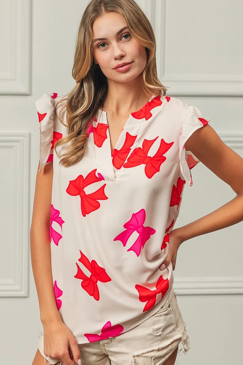 BiBi Bow Printed Woven Ruffled Sleeves V Neck Top - Image 4