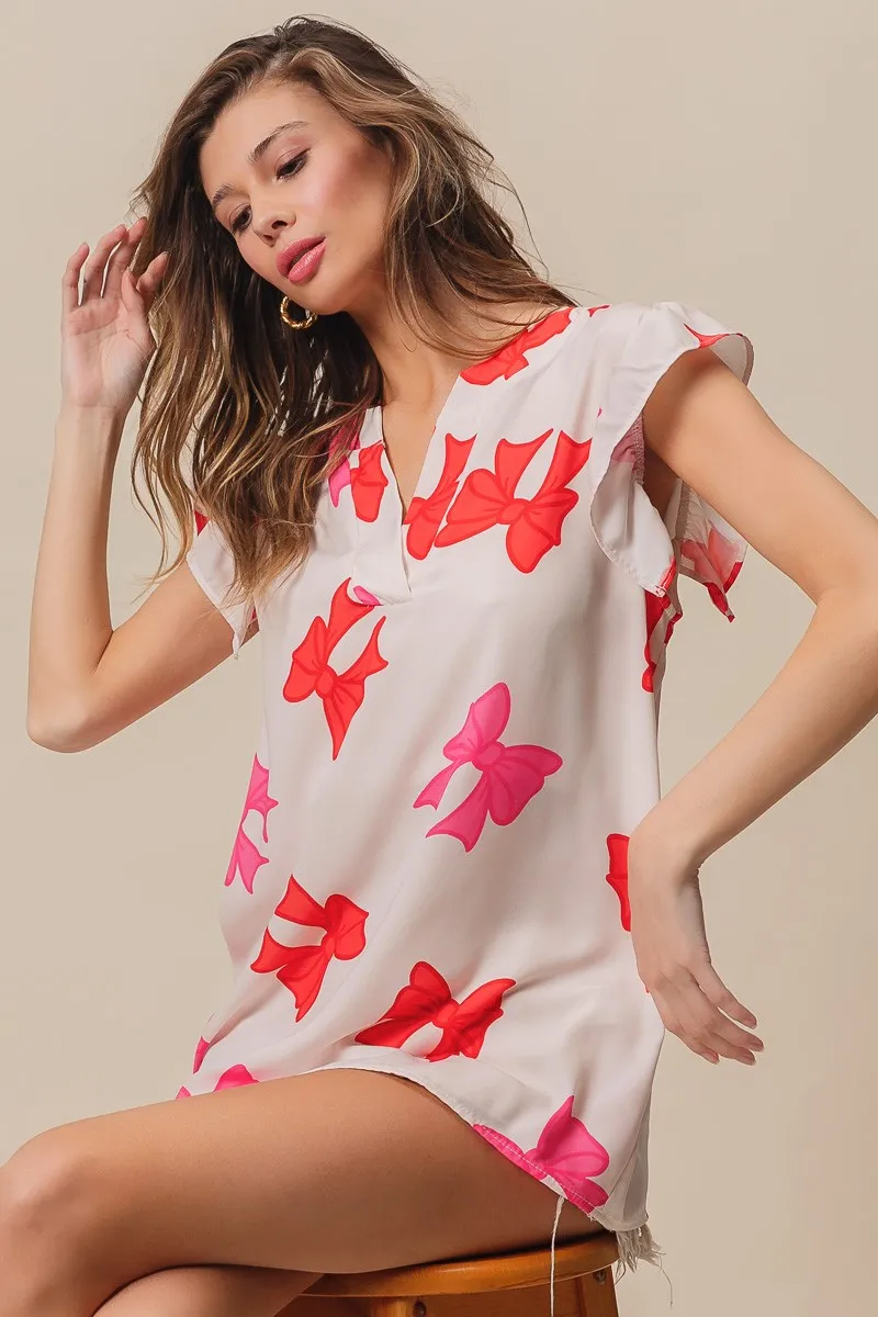 BiBi Bow Printed Woven Ruffled Sleeves V Neck Top - Image 9