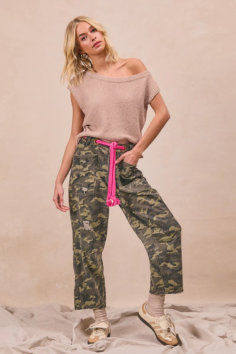BiBi Braided Waist Belt Patch Pockets Camouflage Print Pants - Image 6