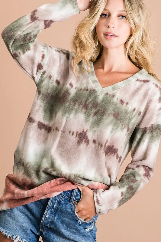 BiBi Brushed Tie Dye Looking Print V Neck Top - Image 5