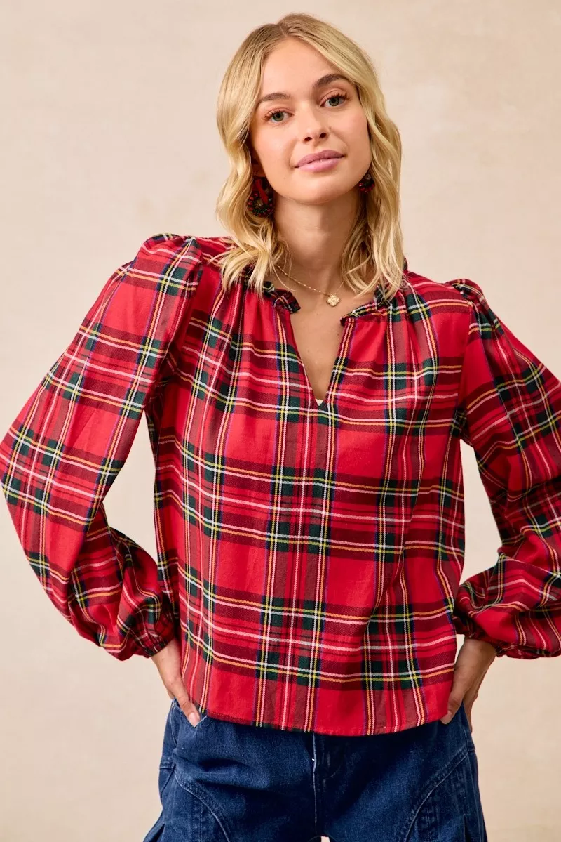 BiBi Christmas Plaid Balloon Sleeves Ruffled V-Neck Top - Image 11