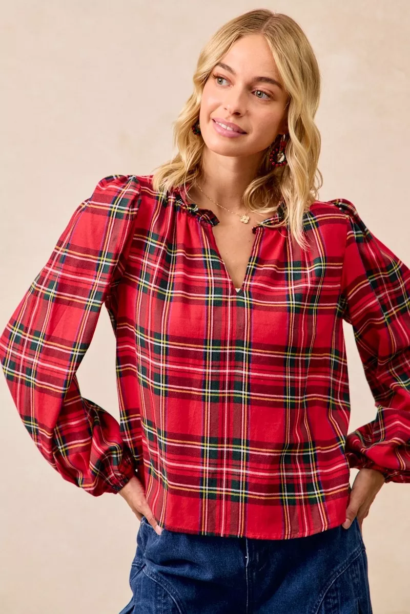 BiBi Christmas Plaid Balloon Sleeves Ruffled V-Neck Top - Image 13