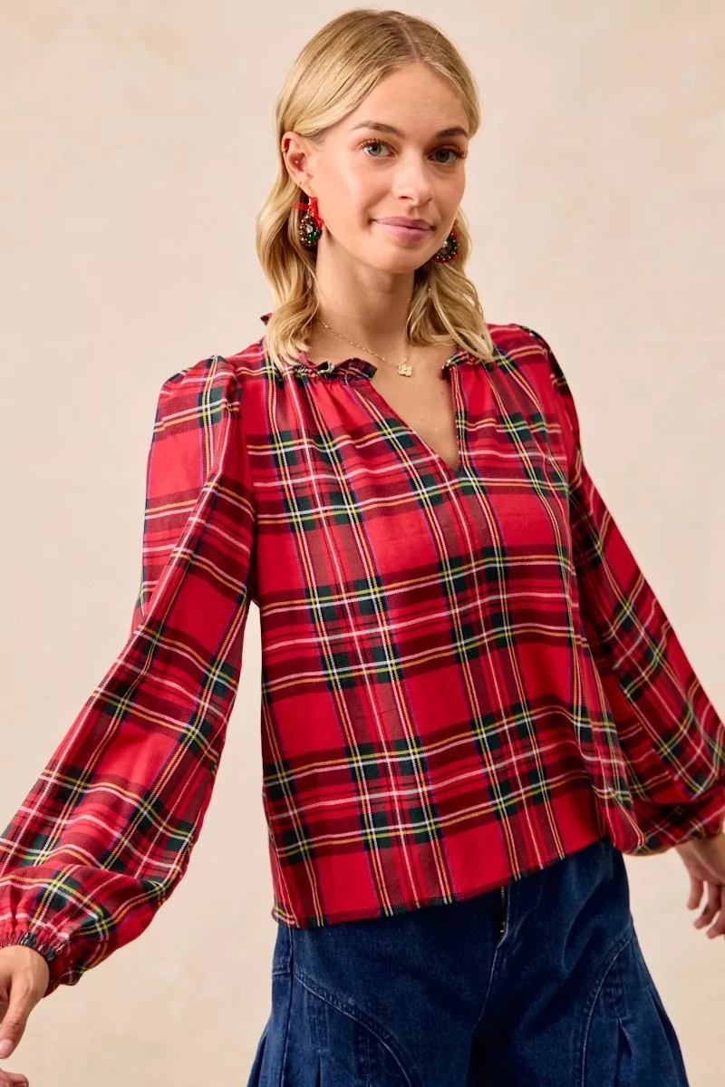 BiBi Christmas Plaid Balloon Sleeves Ruffled V-Neck Top - Image 5