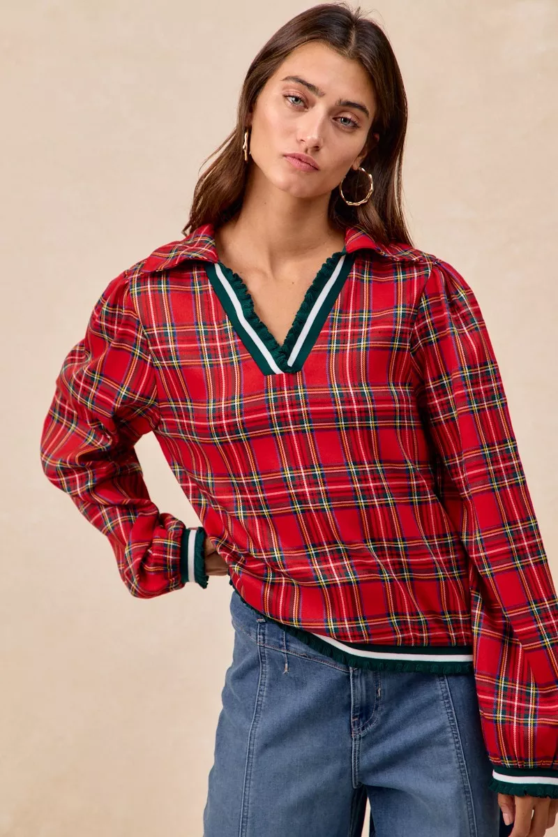 BiBi Christmas Plaid Collared Top with Ruffled Detail - Image 19