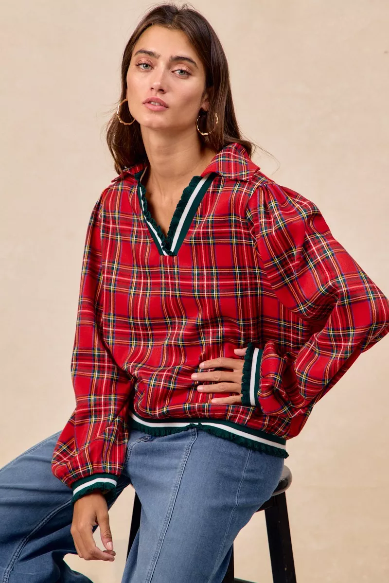 BiBi Christmas Plaid Collared Top with Ruffled Detail - Image 2