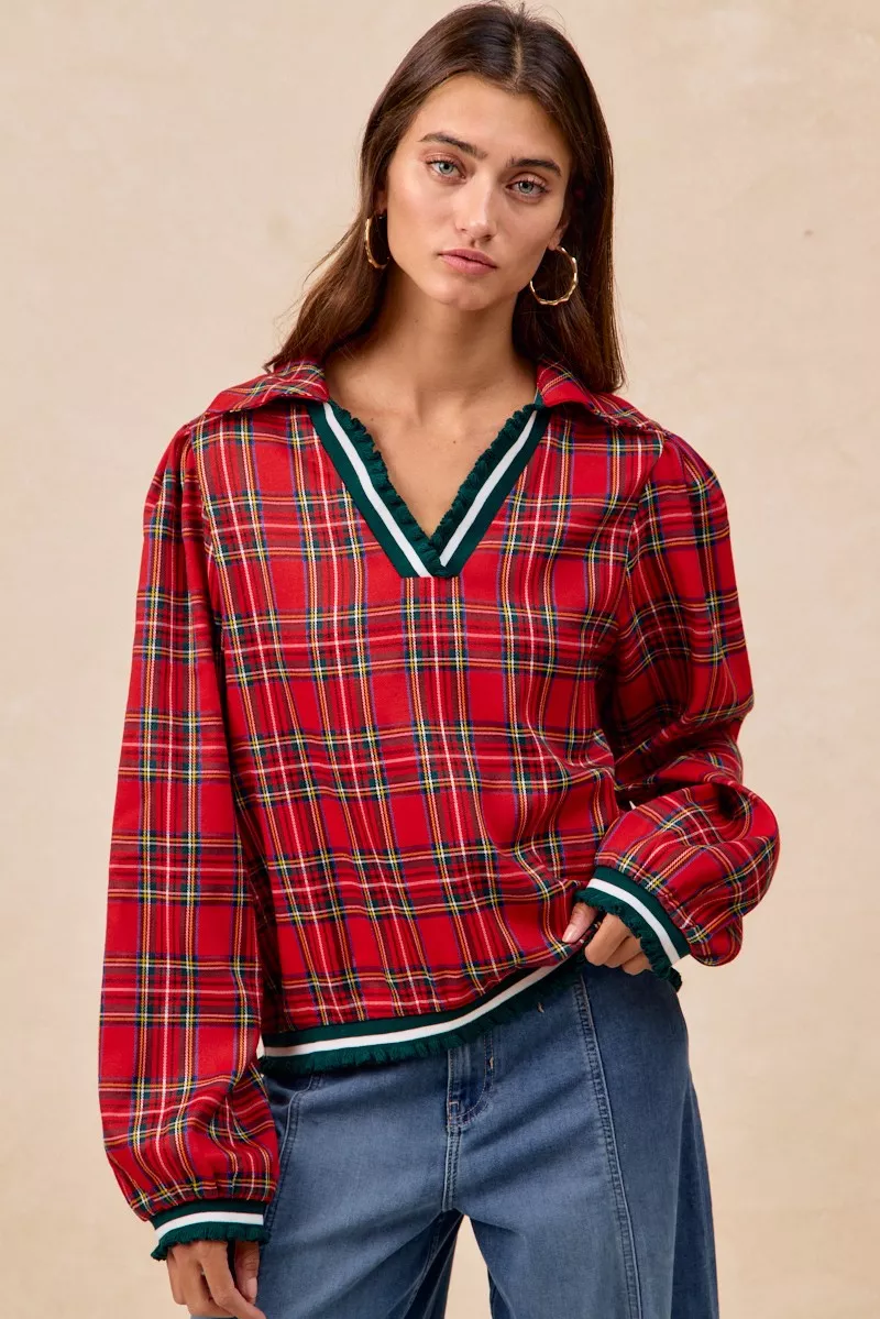BiBi Christmas Plaid Collared Top with Ruffled Detail - Image 3