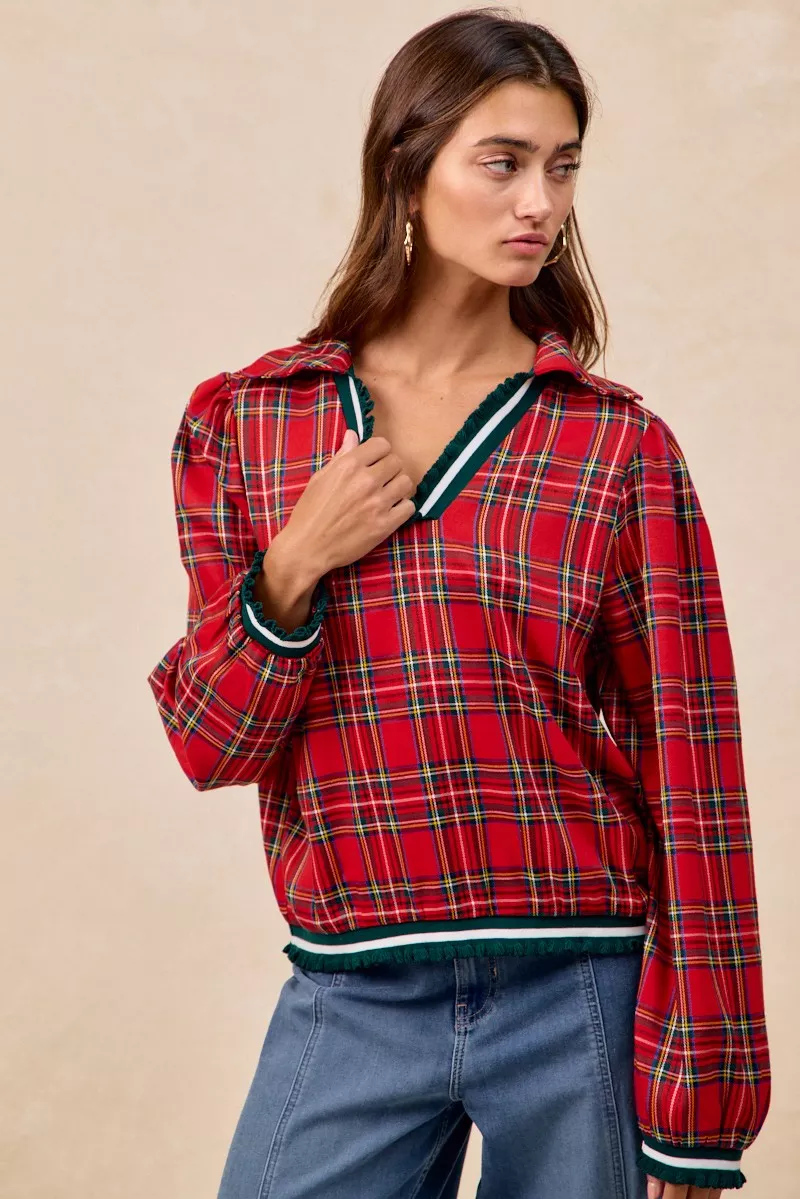 BiBi Christmas Plaid Collared Top with Ruffled Detail - Image 4