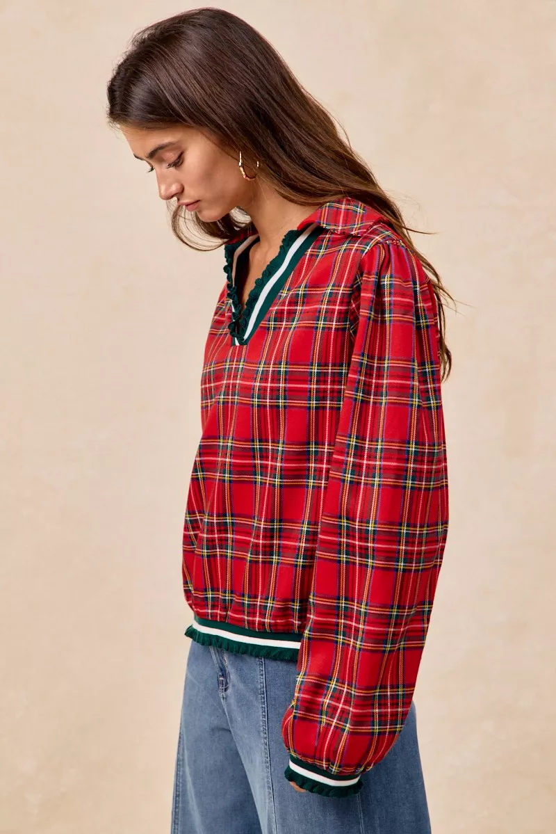 BiBi Christmas Plaid Collared Top with Ruffled Detail - Image 9