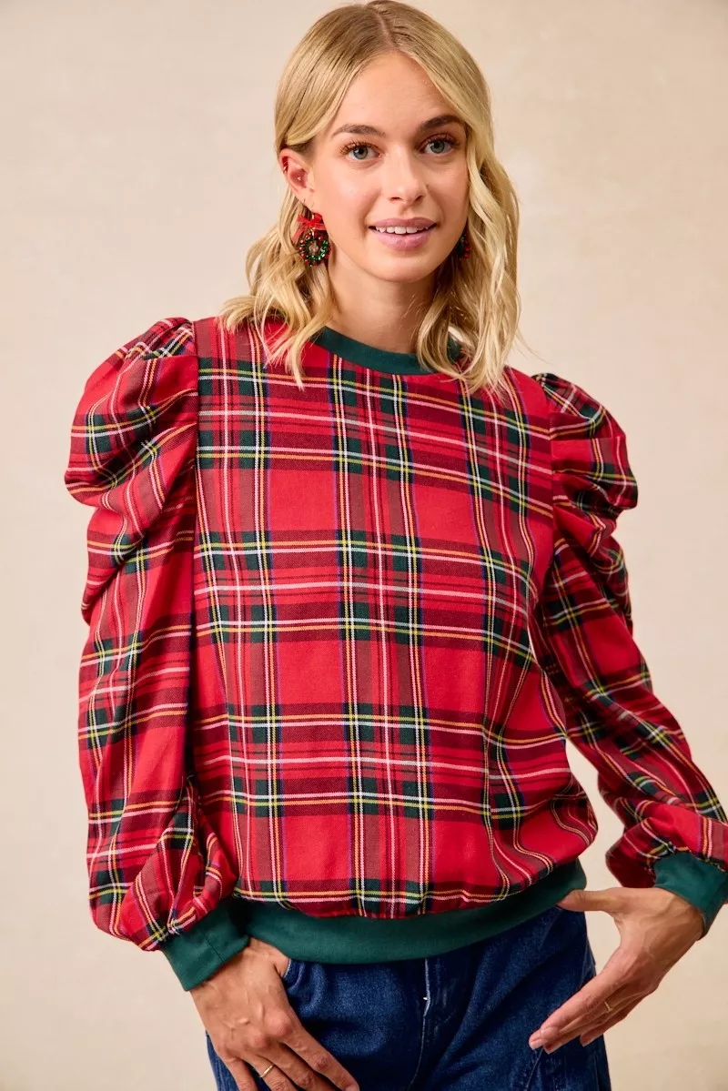BiBi Christmas Plaid Exaggerated Shoulder Sleeves Top - Image 7