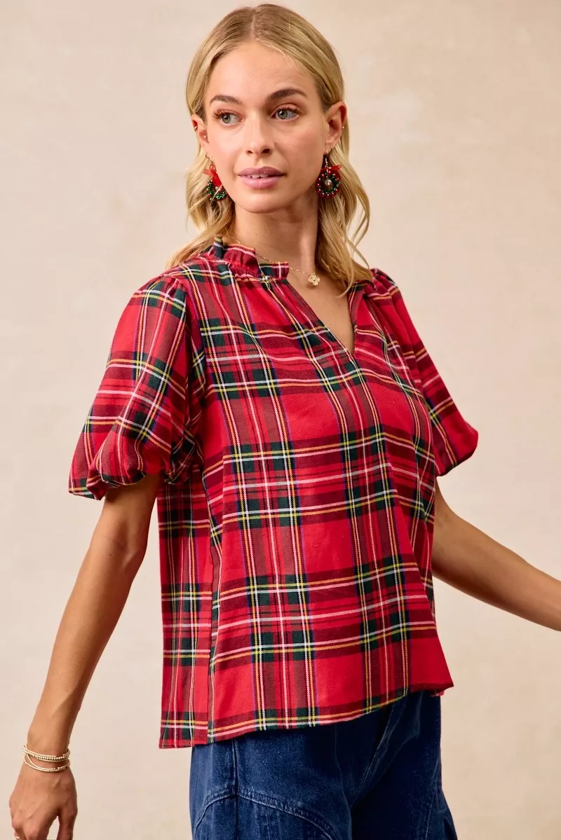 BiBi Christmas Plaid Short Sleeves Ruffled Blouse - Image 9