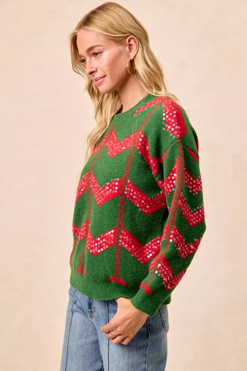 BiBi Christmas Theme Chevron Sequins Detail Sweater - Image 3