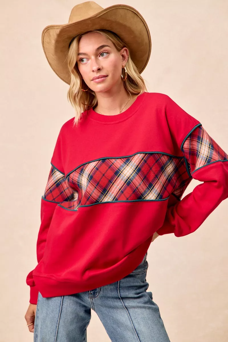 BiBi Christmas Theme Plaid Block Sweatshirt with Binding - Image 3