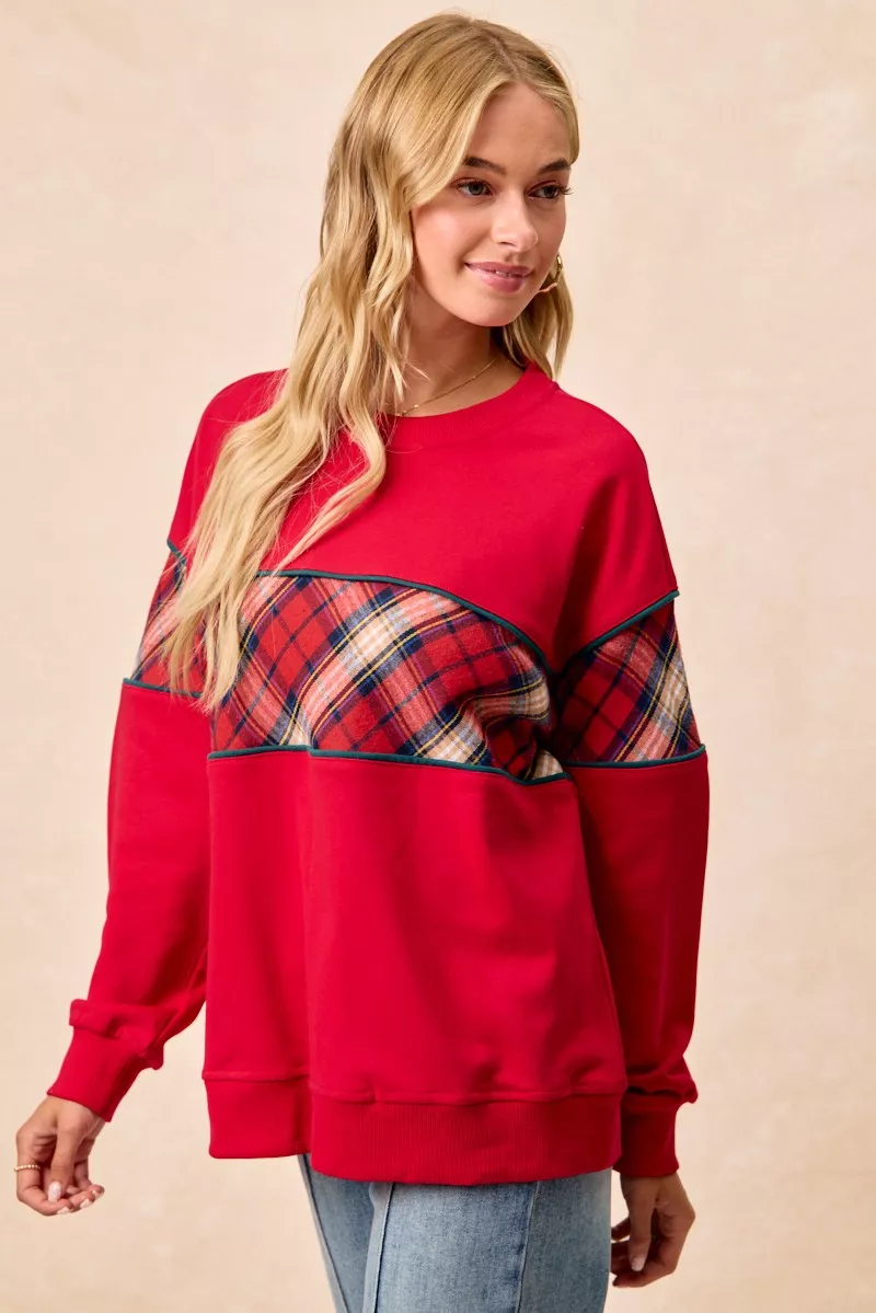BiBi Christmas Theme Plaid Block Sweatshirt with Binding - Image 5
