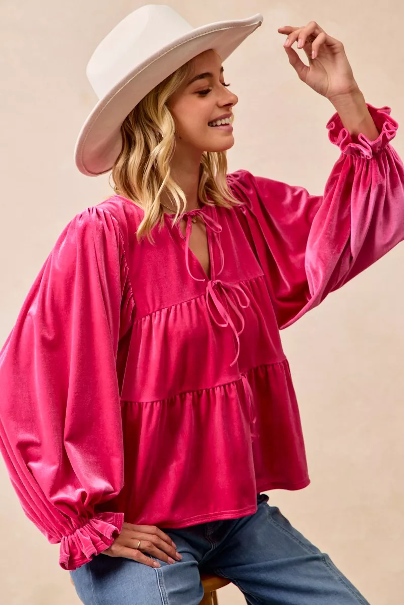 BiBi Christmas Theme Velvet Bow Tied Blouse - Image 2
