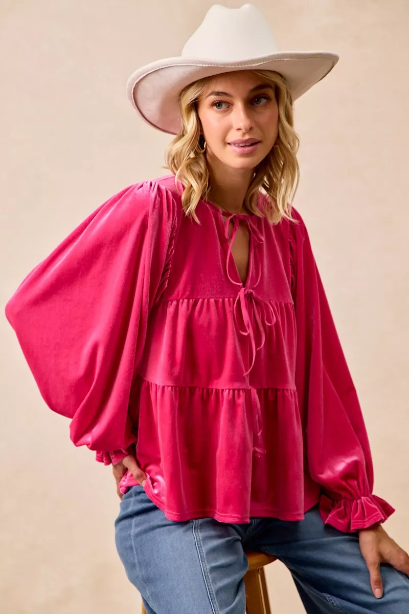 BiBi Christmas Theme Velvet Bow Tied Blouse - Image 9