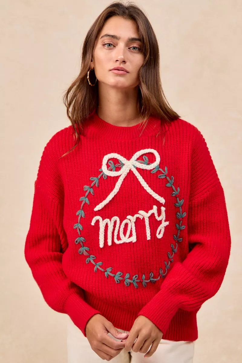 BiBi Christmas Wreath Merry Letter Knit Top - Image 12