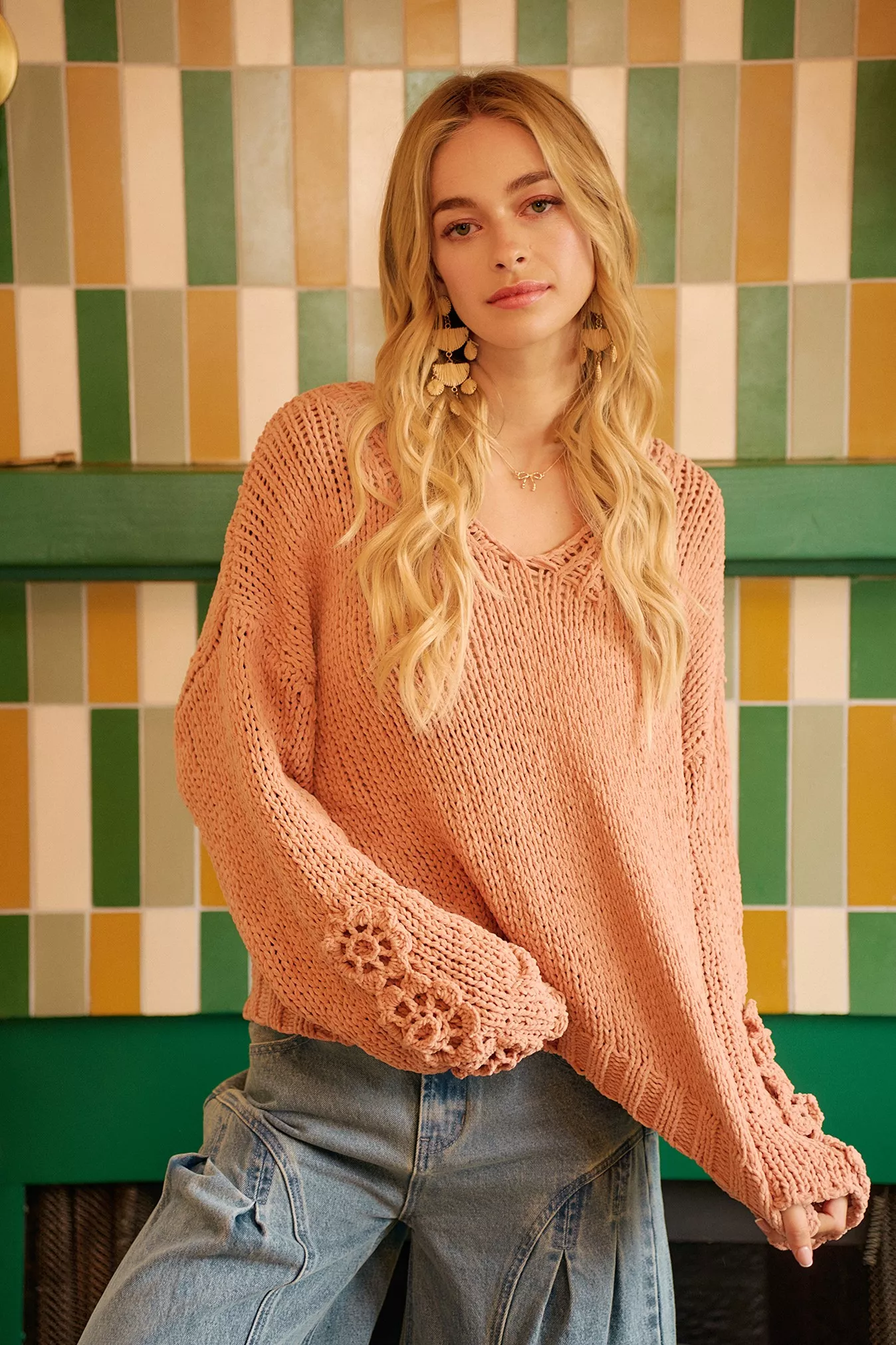 BiBi Chunky Knit Sweater with Flower Detail Sleeves - Image 19